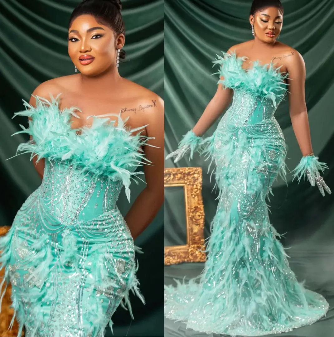 2023 ASO ASO EBI Mermaid Lace Port Dress Feather Sparkly Asevial ​​Party Second Sextree Disparty Commity Dresses Robe de Soiree