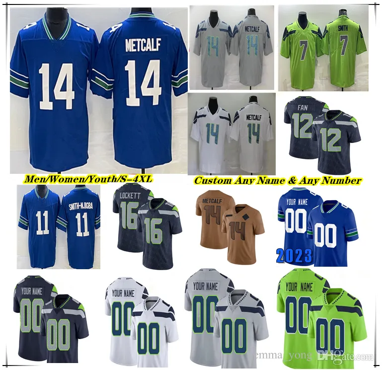 Camisa de futebol americano Geno Smith Kenneth Walker III DK Metcalf Tyler Lockett Boye Mafe Jaxon Smith-Njigba Bobby Wagner Jordyn Brooks Steve Largent Jarran Reed 4XL