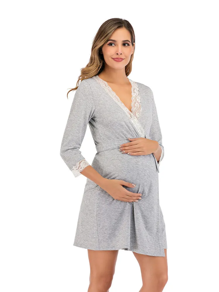 Sleep Lounge Maternity Robe for Hospital Nightgown Pregnant Women Nursing Nightwear Pajama Lace Sleepwear Breastfeeding Gown Bathrobe Mothers 230404