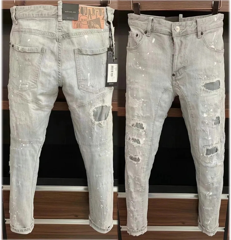 Erkek Ripper Robin Jeans Denim Pantolon Sıska Fit İnce Streç Erkekler Biker Jean Pantolon Patchwork Sıkıntılı Mektup Boyalı Delik Vintage Out Strip Kalem Bacak