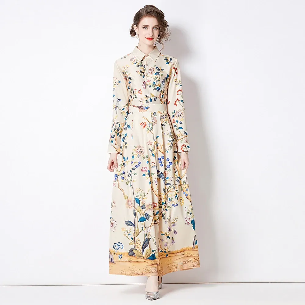 Grundläggande casual klänningar Runway Flower Long Maxi Dress Women Slow Down Neck Long Sleeve Vacation Beach Dresses Female 2024 Spring Summer New