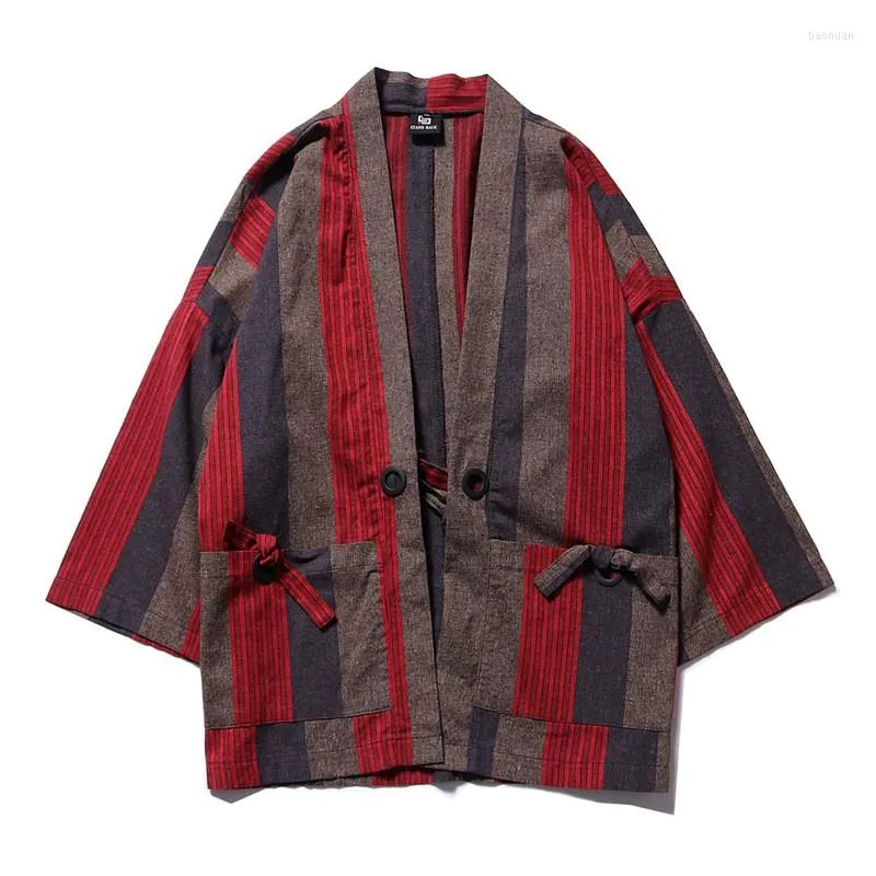 Etnische kleding traditionele Japanse vest kimono gewaden Chinese stijl mannen katoen gestreepte yukata haori t-shirt strand losse jassen xxl