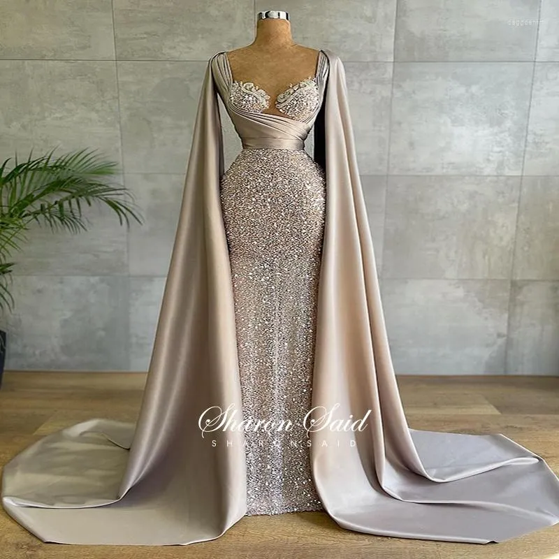 Robes de soirée luxe dubaï sirène longue robe de soirée avec Cape manches élégant kaki perlé bal formel pour les femmes robes de mariée