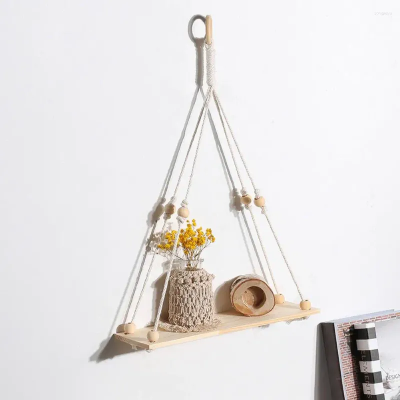 Hooks Hand-woven Cotton Rope Shelf Wall Hanging Bohemian Style Wood With Beads Rustic Floating For Bedroom Room