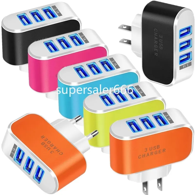 Chargeur mural EU Us 5V 3.1A, 3 Ports, plusieurs LED, adaptateur intelligent pour Iphone 13 14 15 Samsung Galaxy S10 S20 S22 htc S1