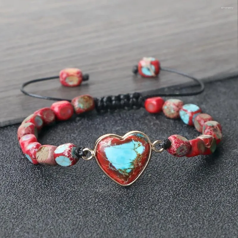 Strand 7 5.5 Bracelet tressé en forme de coeur en pierre impériale femmes hommes Chakra guérison perles carrées Couple bracelets pendentif Pulsera bijoux