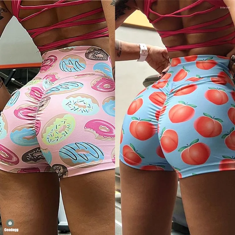 Shorts ativos 2023 nylon fruta donut buyoga fitness esporte academia cintura alta espólio agachamento prova scrunch wear bottoms