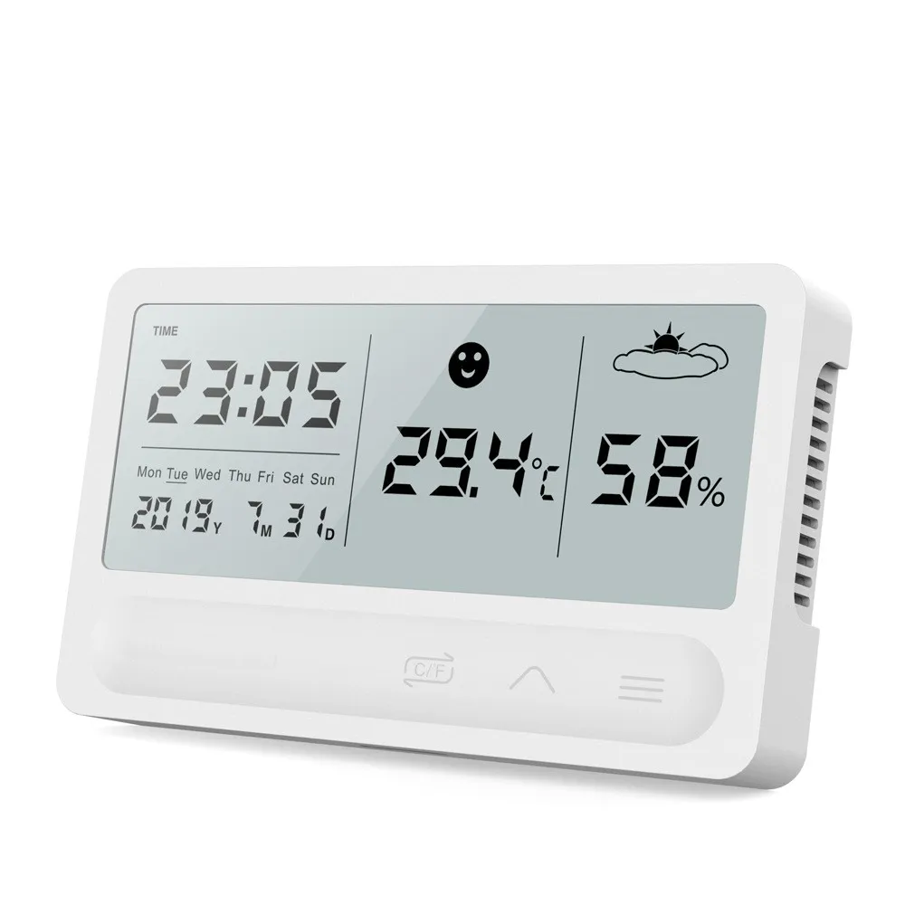 Touch Weather Station Digital LCD Display Touch -knapp inomhus temperatur Fuktighet Monitor Hygrometer Väderprognosklocka