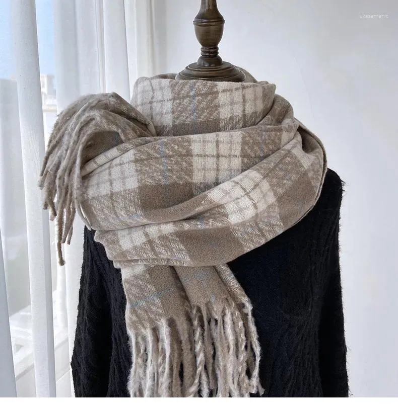 2023 Korean Style Plaid Scarf For Women Thick, Warm, Retro Pale Pink