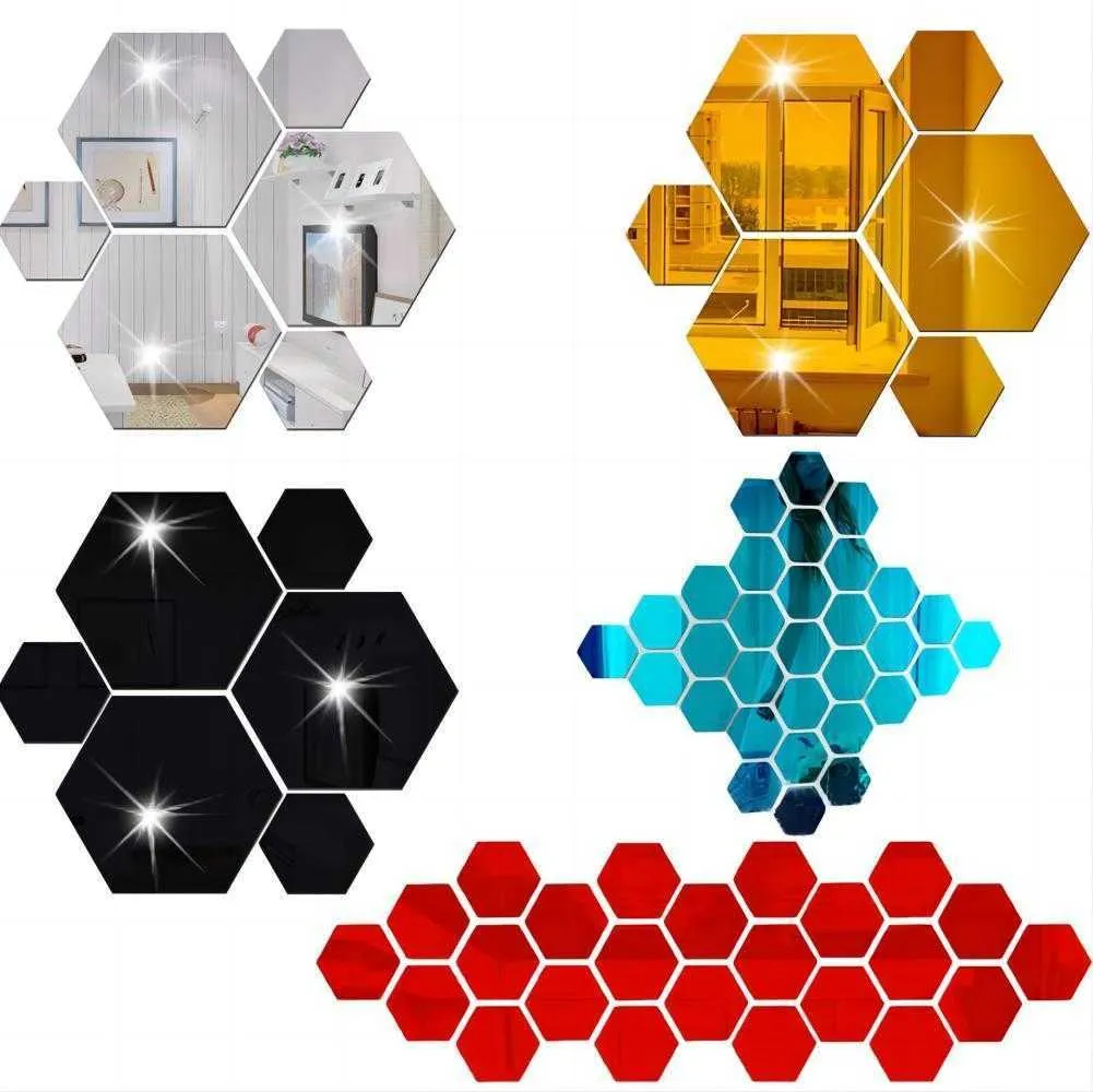 Espelho hexagonal 3d adesivo acrílico decoração de parede acessórios de decoração para sala de estar arte papel de parede adesivos fornecer personalidade única 12 pçs/conjunto