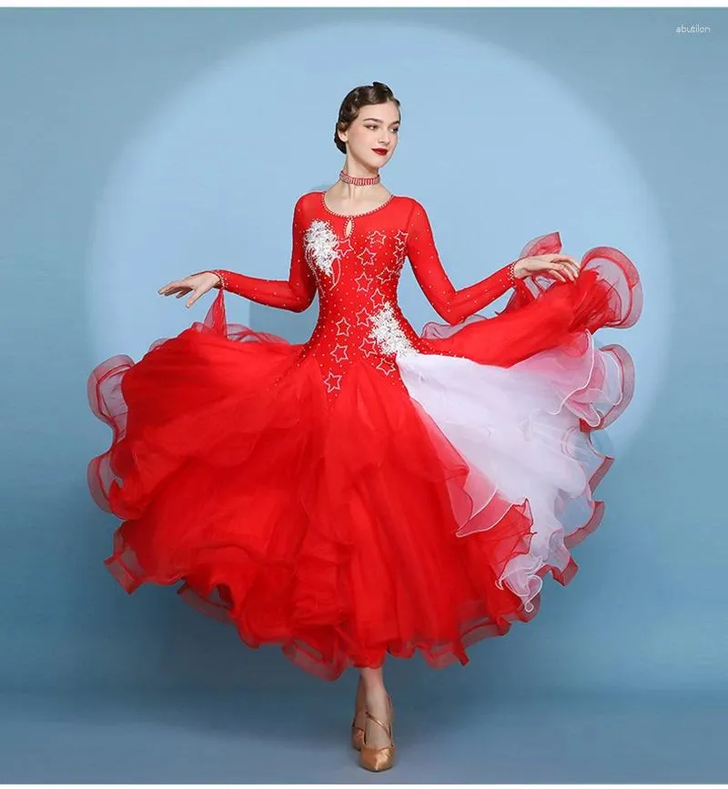 Stage Wear Ballroom Competition Dance Dress Women 2023 Design Lady's Performance Long Sleeve Red Modern Waltz Dresses