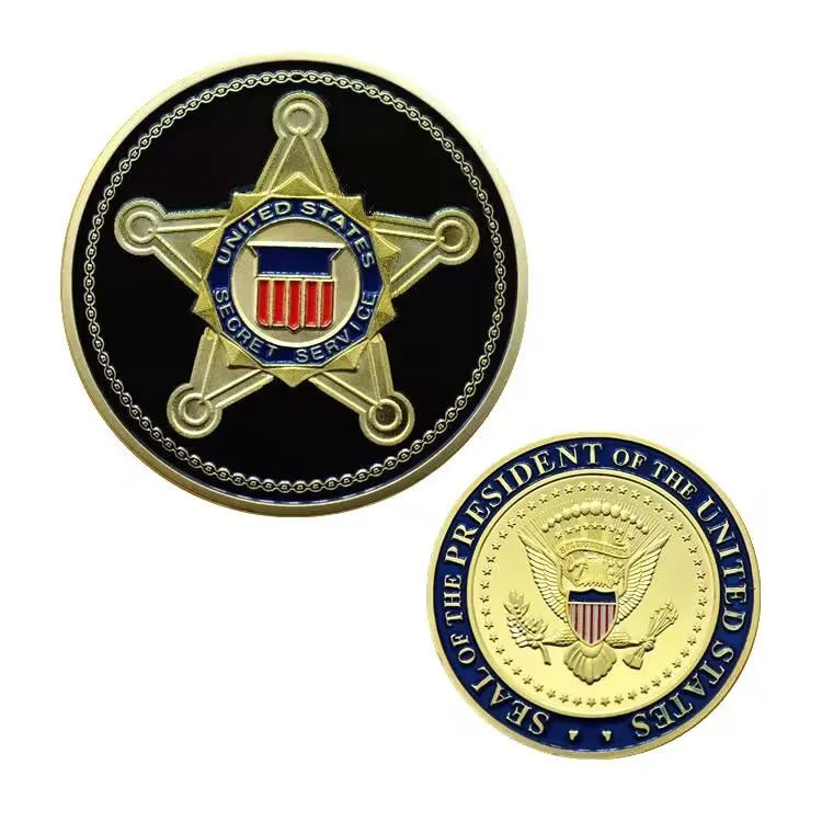 Metalen herdenkingsmedaille, medaille van de Amerikaanse geheime dienst, verguld militair embleem, uitdagingsmunt, lakproces met hoog reliëf