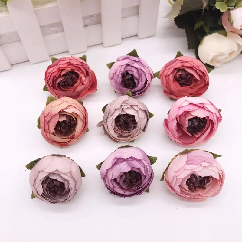 Decorative Flowers 5Pcs Artificial Tea Rose Bud Small Peony Flower Head Flores For Wedding Decoration Wreath Scrapbooking DIY Craft Fake