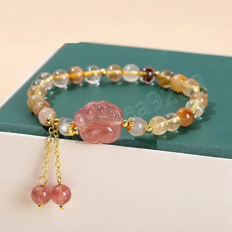 Bracelets tressés patte de chat en Quartz rutilé coloré naturel pour femmes, chaîne à pampilles en cristal porte-bonheur, bijoux féminins à la mode