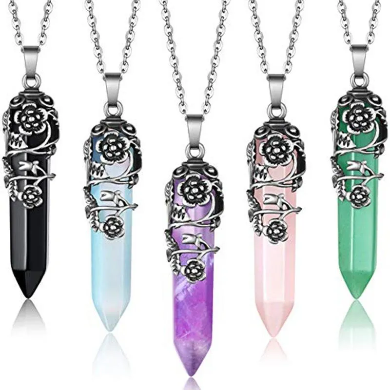 Anhänger Halsketten 3 Teile/los Naturstein Antik Silber Blume Wrap Hexagonal Rosa Opal Quarz Für Halskette Heilung Choker DIY JewelryPendan