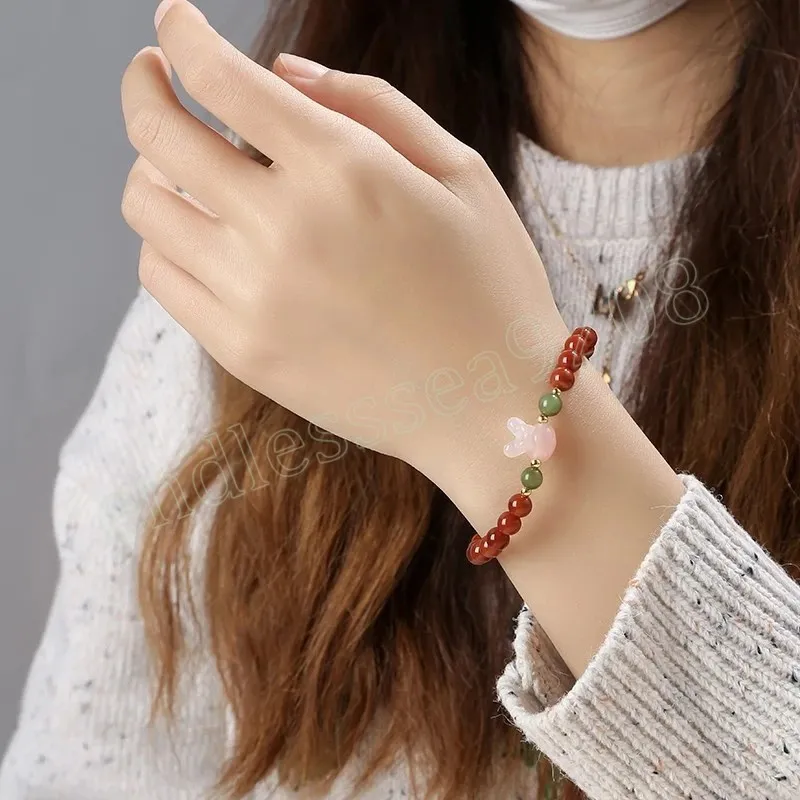 Vintage China Roter Achat Kaninchenkopf Nette Armbänder Frauen Koreanische Schöne Runde Stein Perlen Armbänder Glücksarmband Für Mädchen