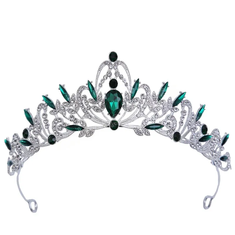 Tiara Bridal: Silver Tone Metal Crown With Green And Blue  display picture 2