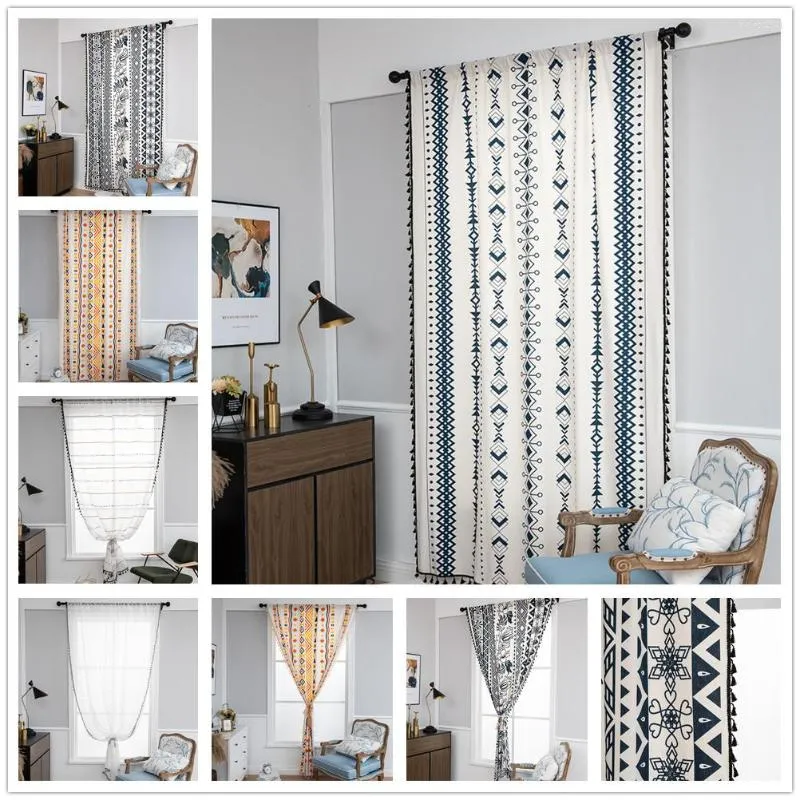 Curtain Boho Geometric Striped Print Bohemian Panel With Tassels Farmhouse Country Style Drapes For Living Room Bedroom