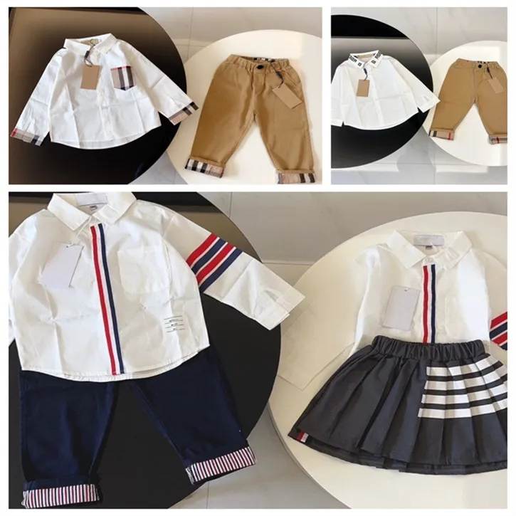 Barndesigner Spring och Autumn New Long-ärmskjorta med byxor Set Letter Brodery Check Lapel Casual Fashion Children's Two-Piece Set F018