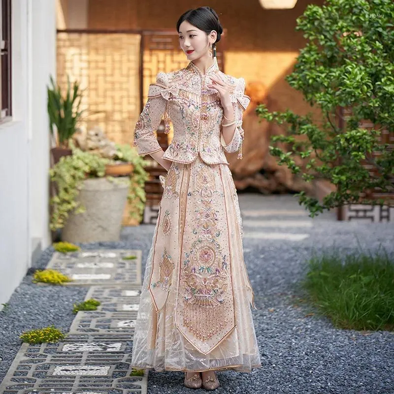 Ethnische Kleidung Chinesische traditionelle Toast Braut Pailletten Perlen Quasten Hochzeitskleid Champagner Hanfu Tang-Anzug Kostüm