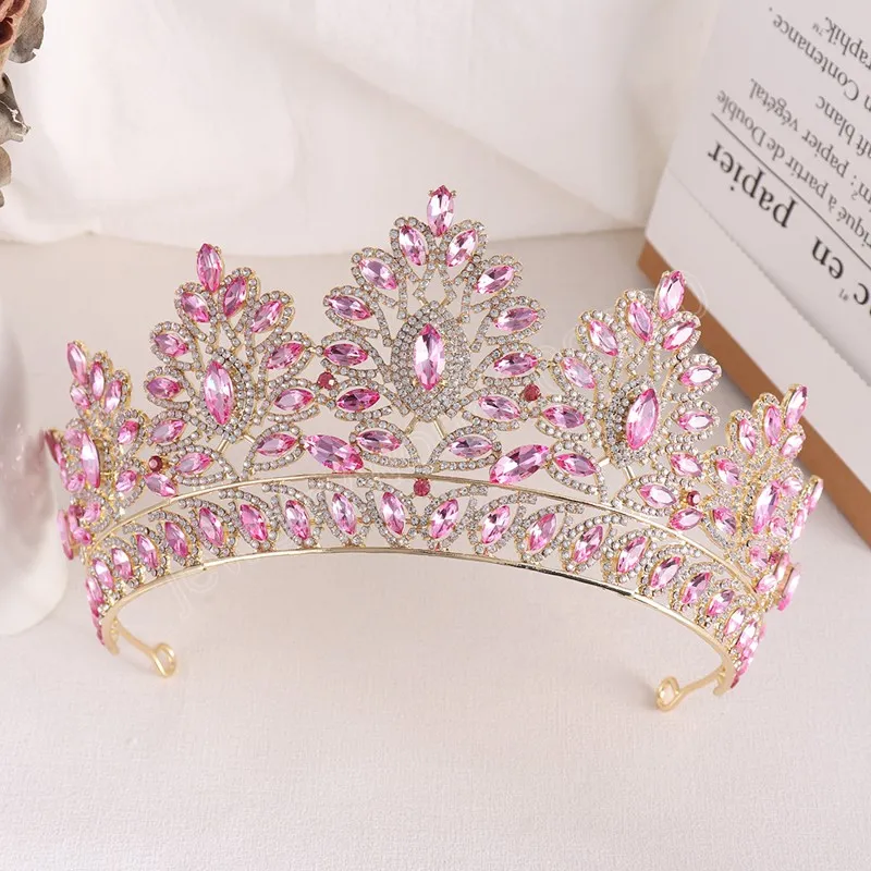Tiara de cristal rosa de lujo, corona elegante, Tiara de princesa, accesorios para el cabello para fiesta de cumpleaños y boda, joyería