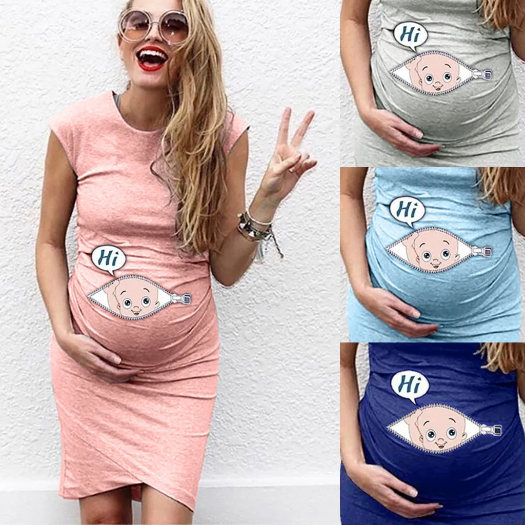 Moderskapsklänningar tecknad bokstav tryck gravid kvinna klänning kvinnor ärmlös graviditet moderskap klänning nusring mammal avslappnad kläder 230404