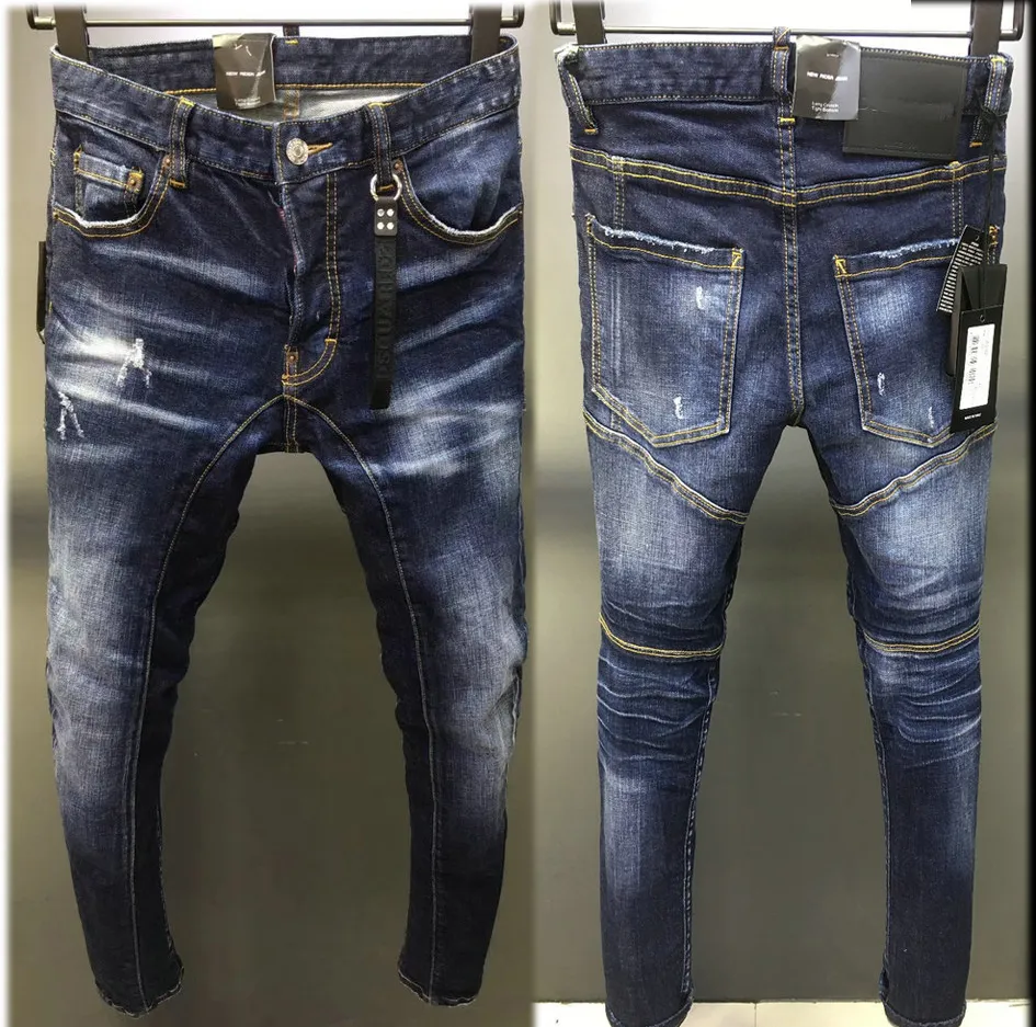 Nieuwe stijl heren ripper jeans denim broek skinny fit slanke stretch heren biker jeans broek patchwork noodlijdende stip geschilderd gat vintage uitgehold blauwe kleur