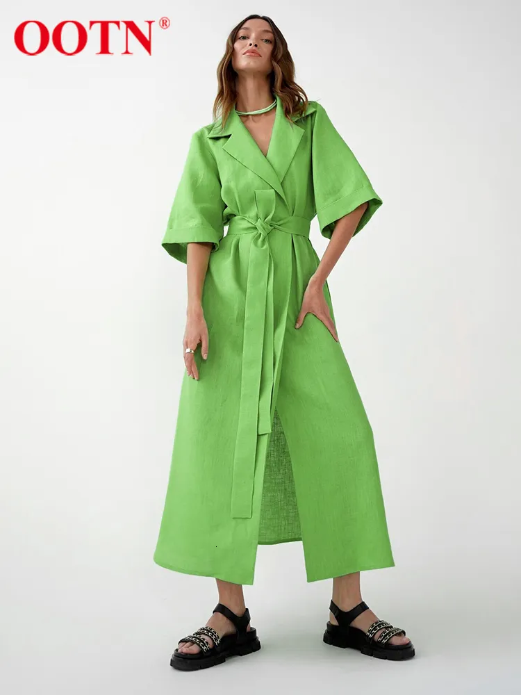 캐주얼 드레스 OOTN COTTON LINEN LONG WRAP 여름 드레스 여름 드레스 여성 벨트 레이스 업 노치 사무실 여성 드레스 A- 라인 우아한 스플릿 드레스 로브 FEMME 230404