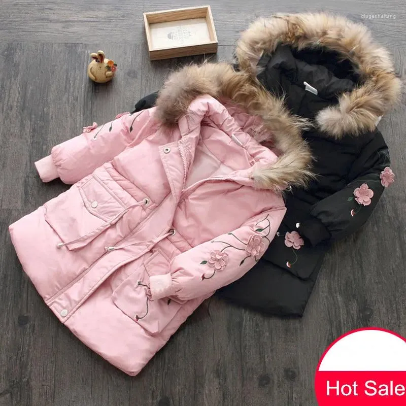 Down Coat Baby Girl 2023 Winter 3 4-10 11 12 Years Teenage Thickening Faux Fur Flower Print Kids Girls Hooded Medium Long Jacket