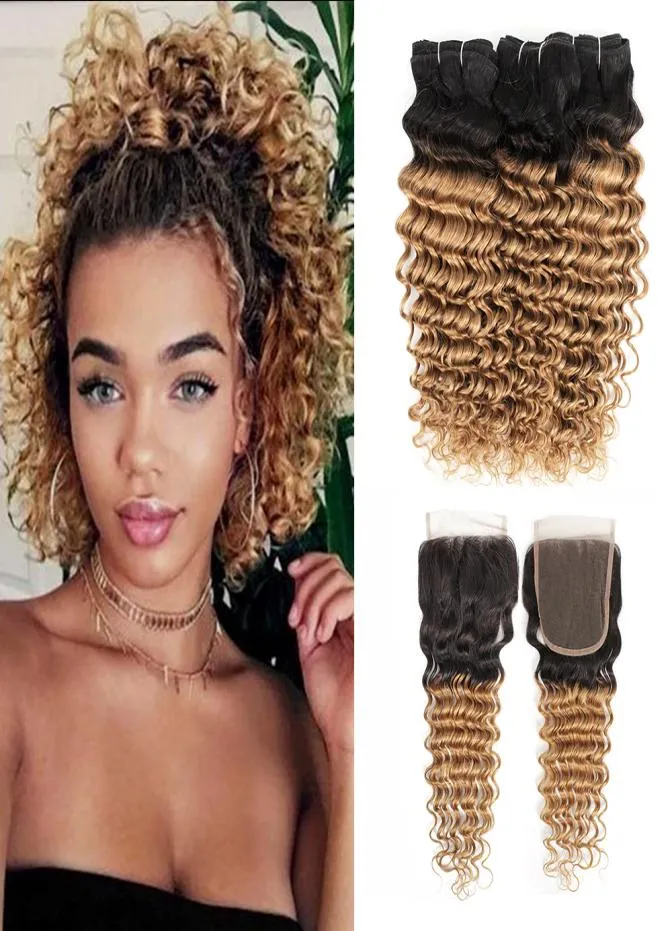 1B 27 Ombre Honey Blonde Deep Wave Hair Bundles with Closure 3 Bundles With 4x4 Lace Closure Brazilian Remy Human Hair Extensions3036339