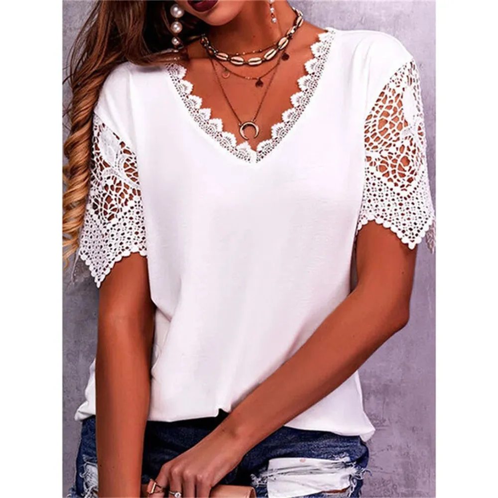 T-Shirt Femme Été Dentelle Couture Pétale Manches Col V T-Shirt Manches Courtes Mode Femme Casual Lâche Solide Couleur Vintage Blouse Tops 230404