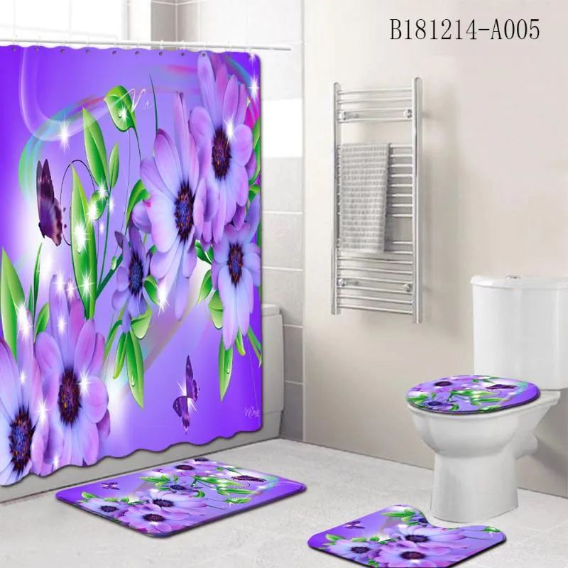 シャワーカーテン4ピースガーデンカーテンの明るい花花柄の浴室バスカーペットトイレカバーマットパッドセットホーム装飾
