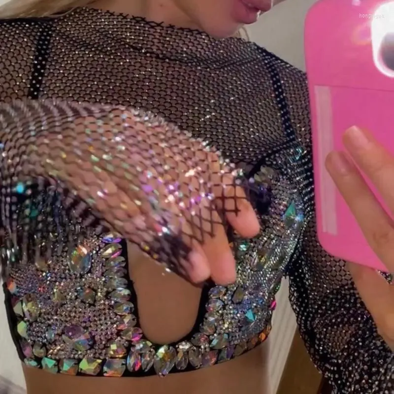 Kvinnors T-skjortor Kvinnor Sexig Sheer Mesh Flare Long Sleeve T-Shirt Glitter Rhinestone Diamond Fishnet Beach Cover Up Crop Tops 2023