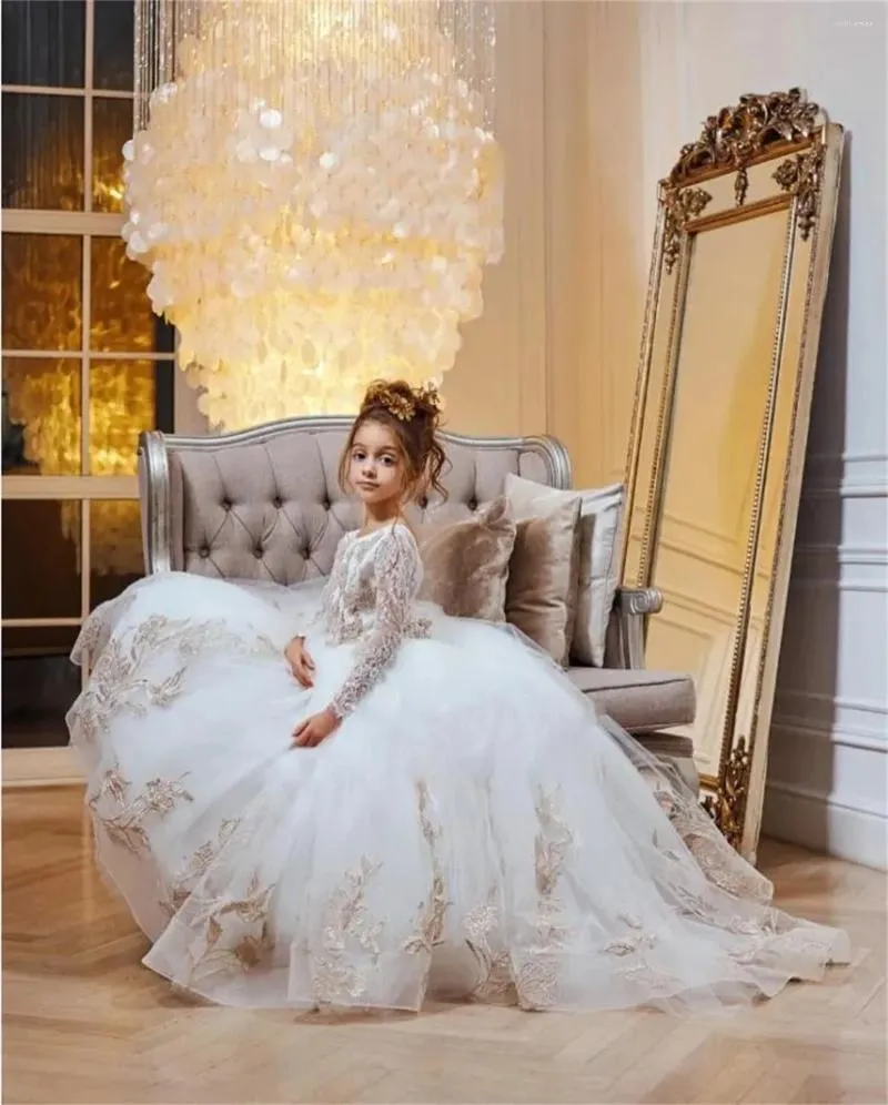 Abiti da ragazza Abito a fiori Bianco soffice tulle Champagne Applique in pizzo Matrimonio Elegante Principessa per bambini Prima Comunione