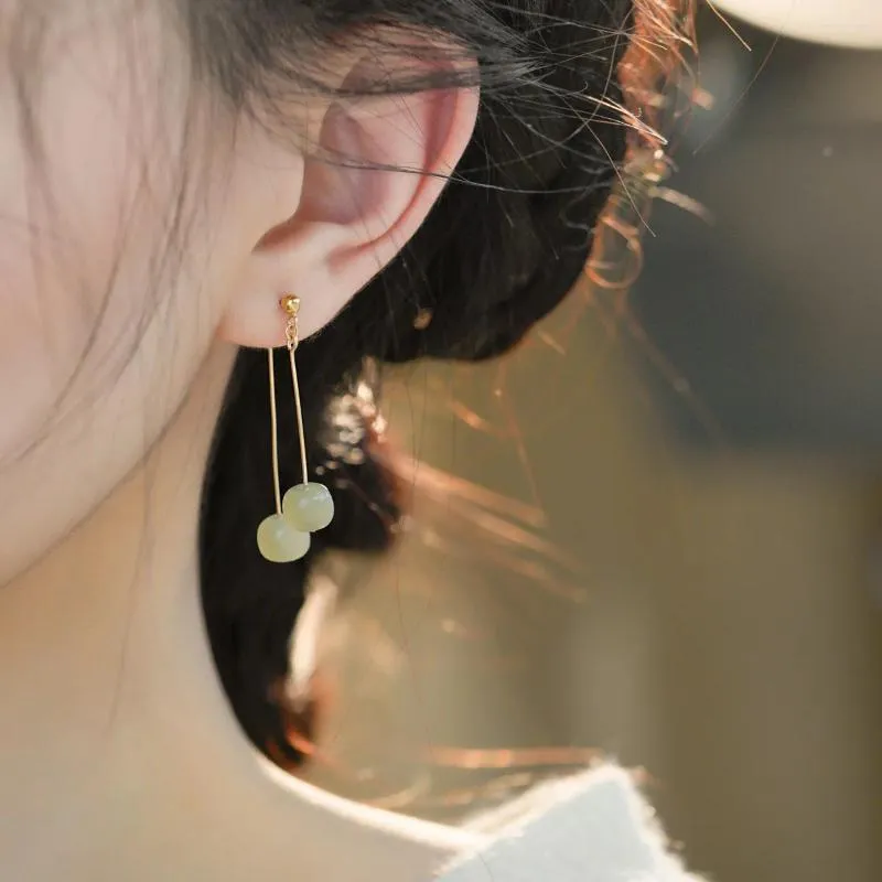 Dangle Earrings Natural Hetian Jade Round Bead Earline Tassel Style Retro Hoop女性ウェディングパーティージュエリーギフト