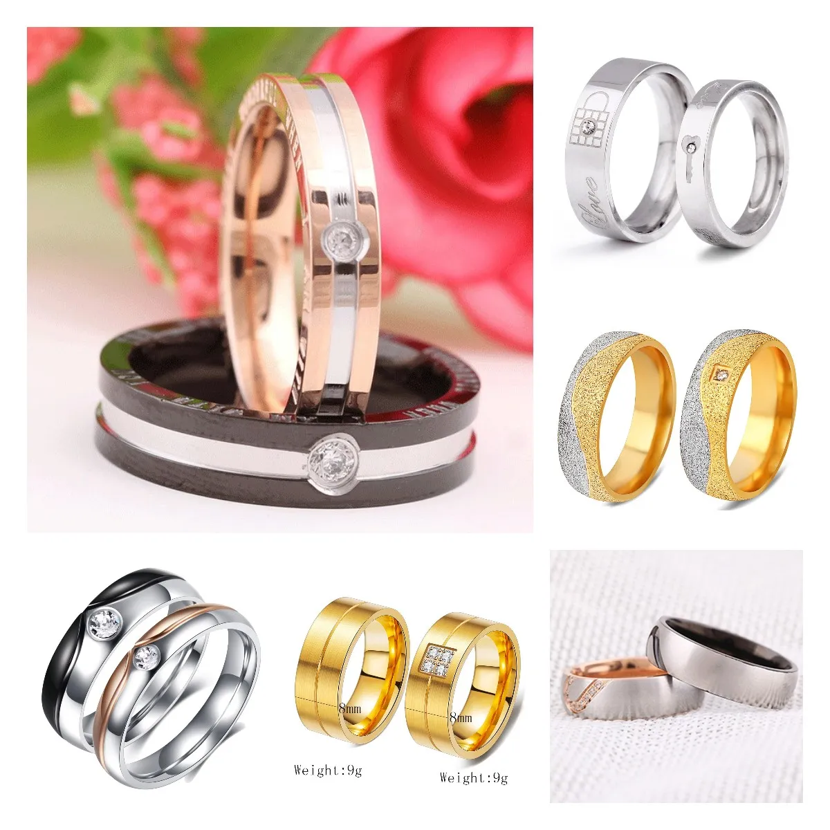 Bling Cubic Zirconia Wedding Band Rings för par män Kvinnoälskare titan rostfritt stål CZ Stone Gold Plated Finger Rings Birdal gåvor Partihandel Jewlery Bijoux