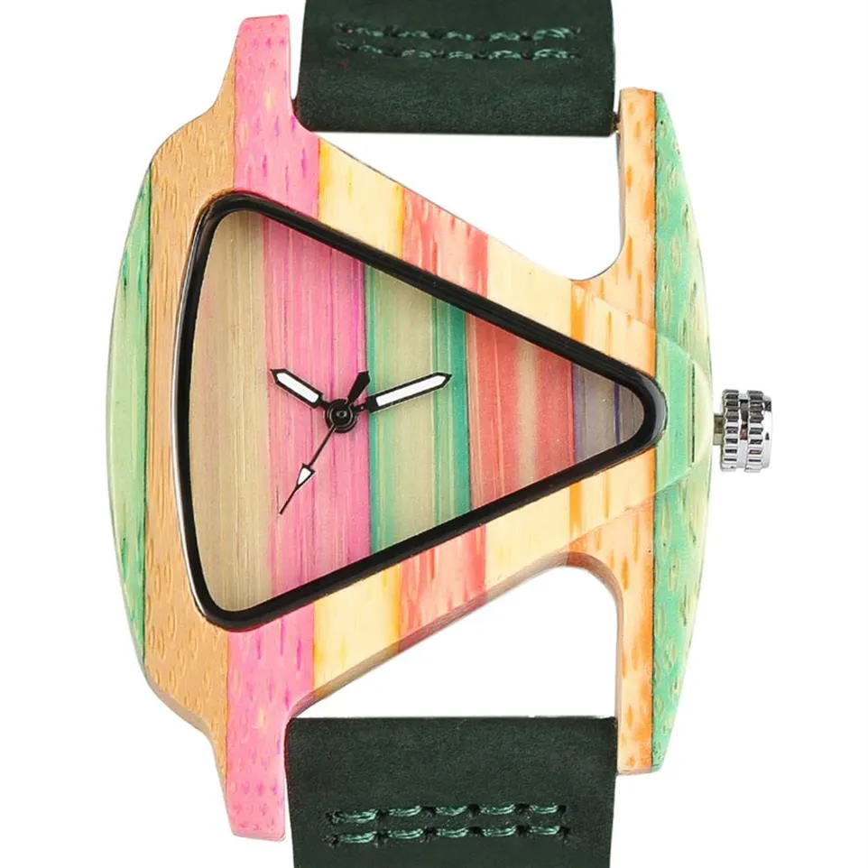 Creative Women Wood Watches Unique Colorful Wood Triangle Hollow Quartz armbandsur Ladies Elegant Fashion äkta läder timme3221