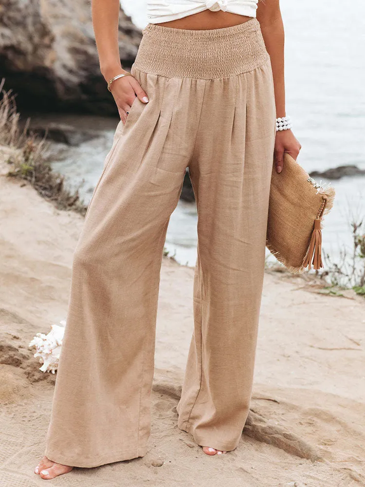 Women's Pants Capris Spring Summer Cotton Linen Style Women Loose Long Trousers Leisure Solid High Waist Ruched Beach Wide Leg Pants with Pocket 230404