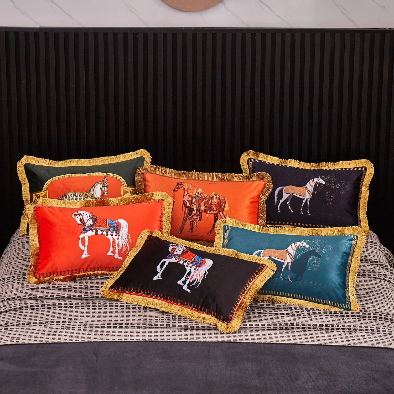 豪華な馬のベルベットタッセルクッションカバーソフトダブルプリントピローカバー枕カバーホーム装飾ソファスロー枕