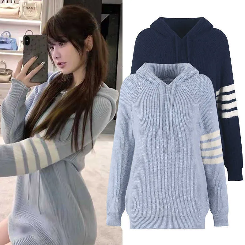 autumn and winter new medium long hooded drawstring knitted sweater women's Korean loose TB Pullover long sleeved top