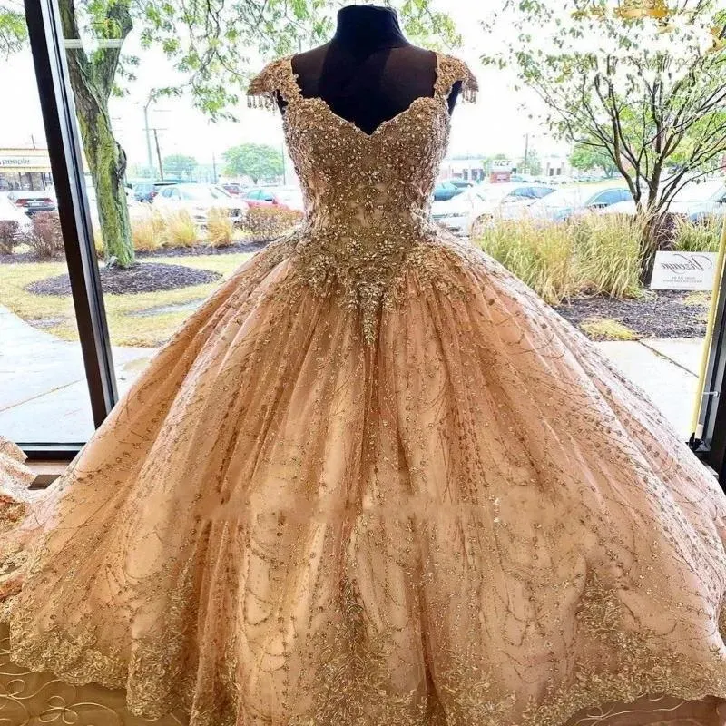 Glitter champanhe ouro lantejoulas quinceanera vestidos cristais frisado princesa brithday celebridade vestidos até o chão doce 16 meninas festa vestido de baile