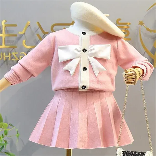 Hotsell Childrensの女の子の服セットキッズガールズベイビーカーディガンセーターボウトップ +ニットスカート2ピーススーツ