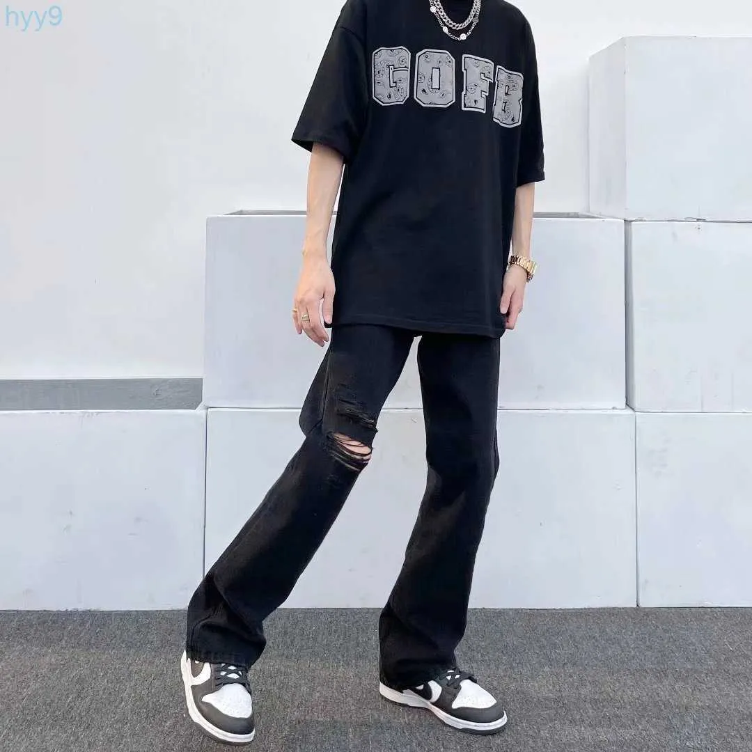 High Street Black Perforated Micro Horn Jeans (pantalons pour hommes) Chao Straight Cut Ruffian Handsome Vibe Style Pants (hommes) Zmvr