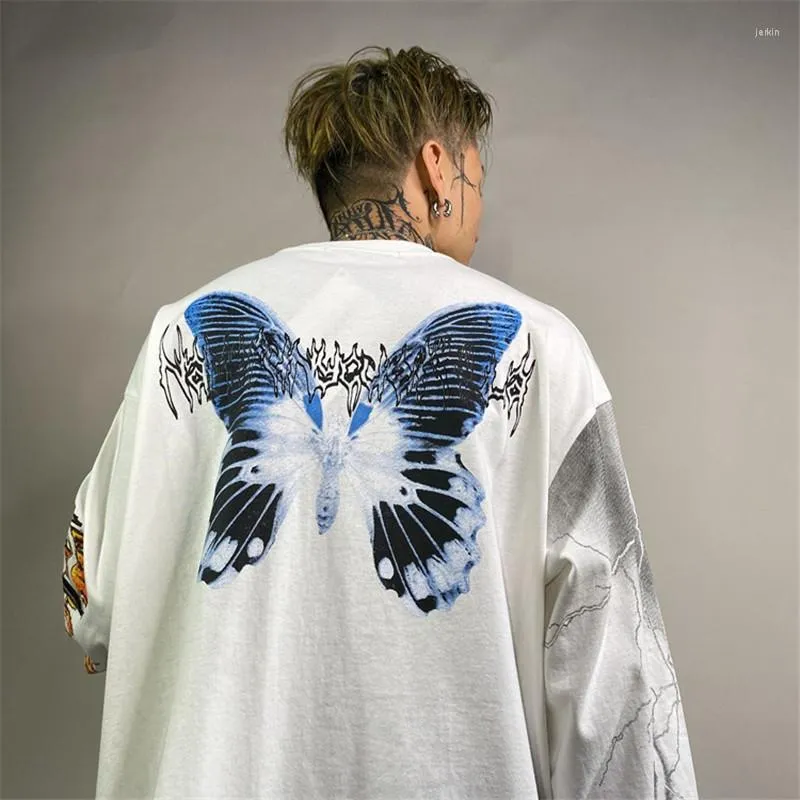 Hommes t-shirts 2023 hommes Hip Hop à manches longues t-shirt papillon imprimé Streetwear Harajuku décontracté coton surdimensionné chemise Hipster hommes hauts
