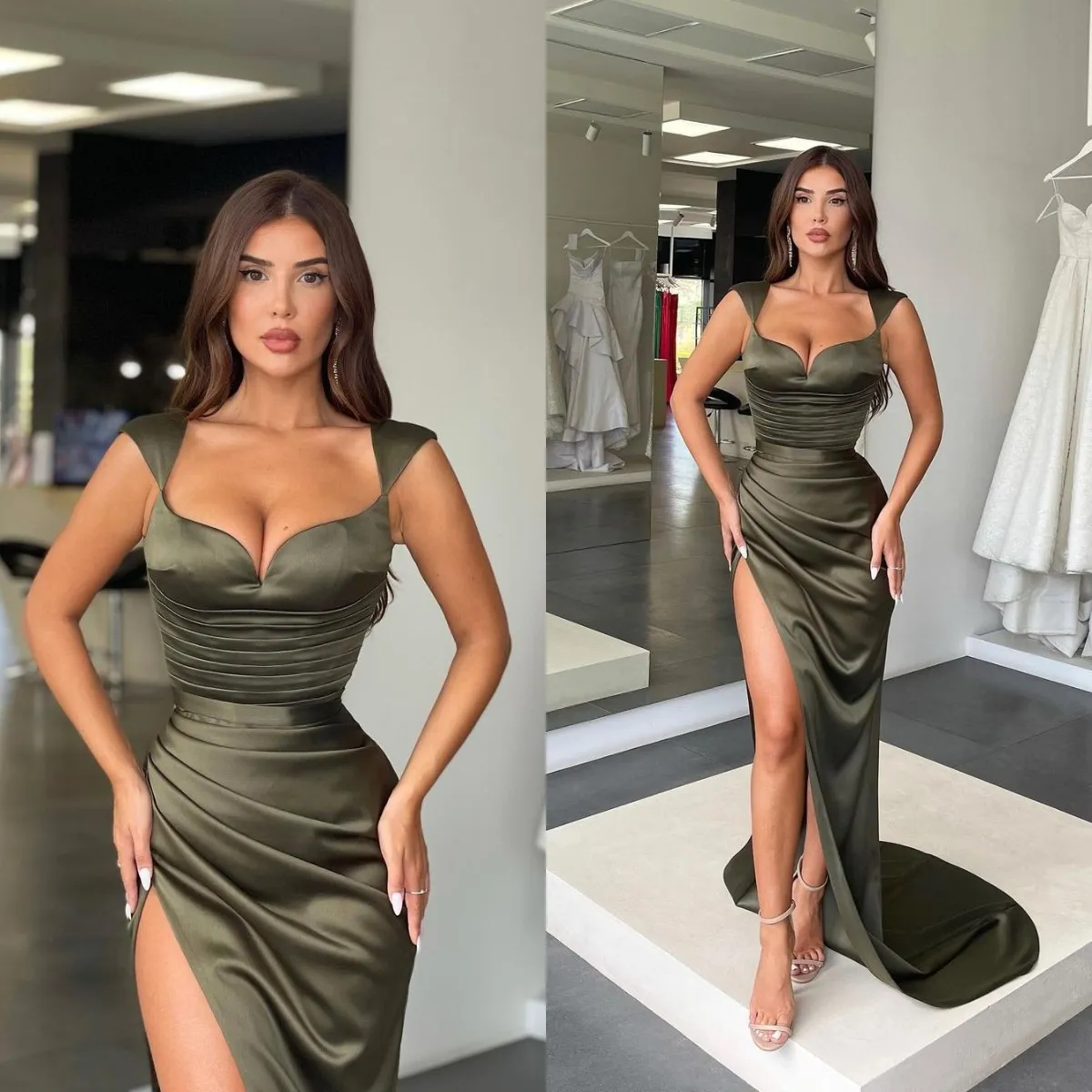 strapless open back dress Cotton Blend Fabric | Olive Green | Deadstock Fabric
