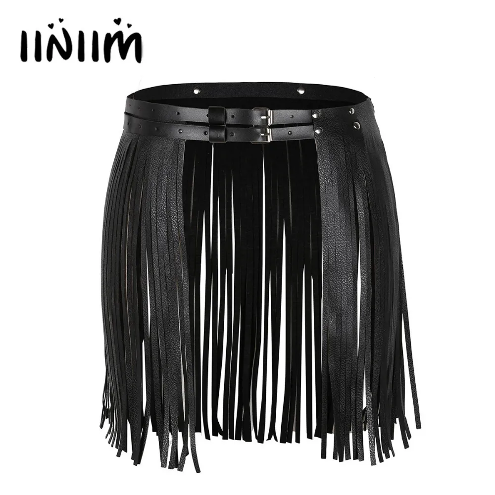 Skirts Womens Adult Adjustable Faux Leather Waistband Fringe Tassel Skirt Belt Nightclub Costume Cosplay Parties Skirts for Halloween 230404