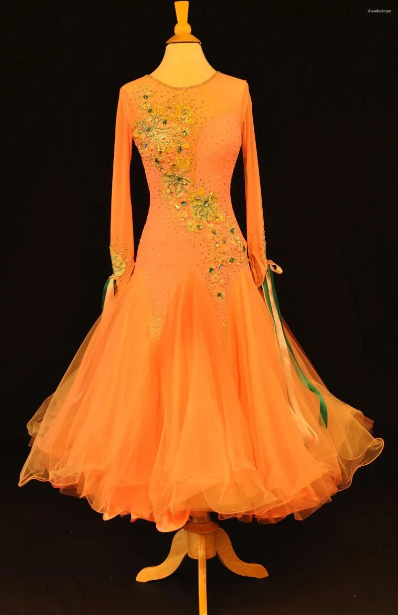 Scene Wear Modern Ballroom Competition Dance Dresses Women Orange Waltz Dancing Dress High Quality Standard kjol