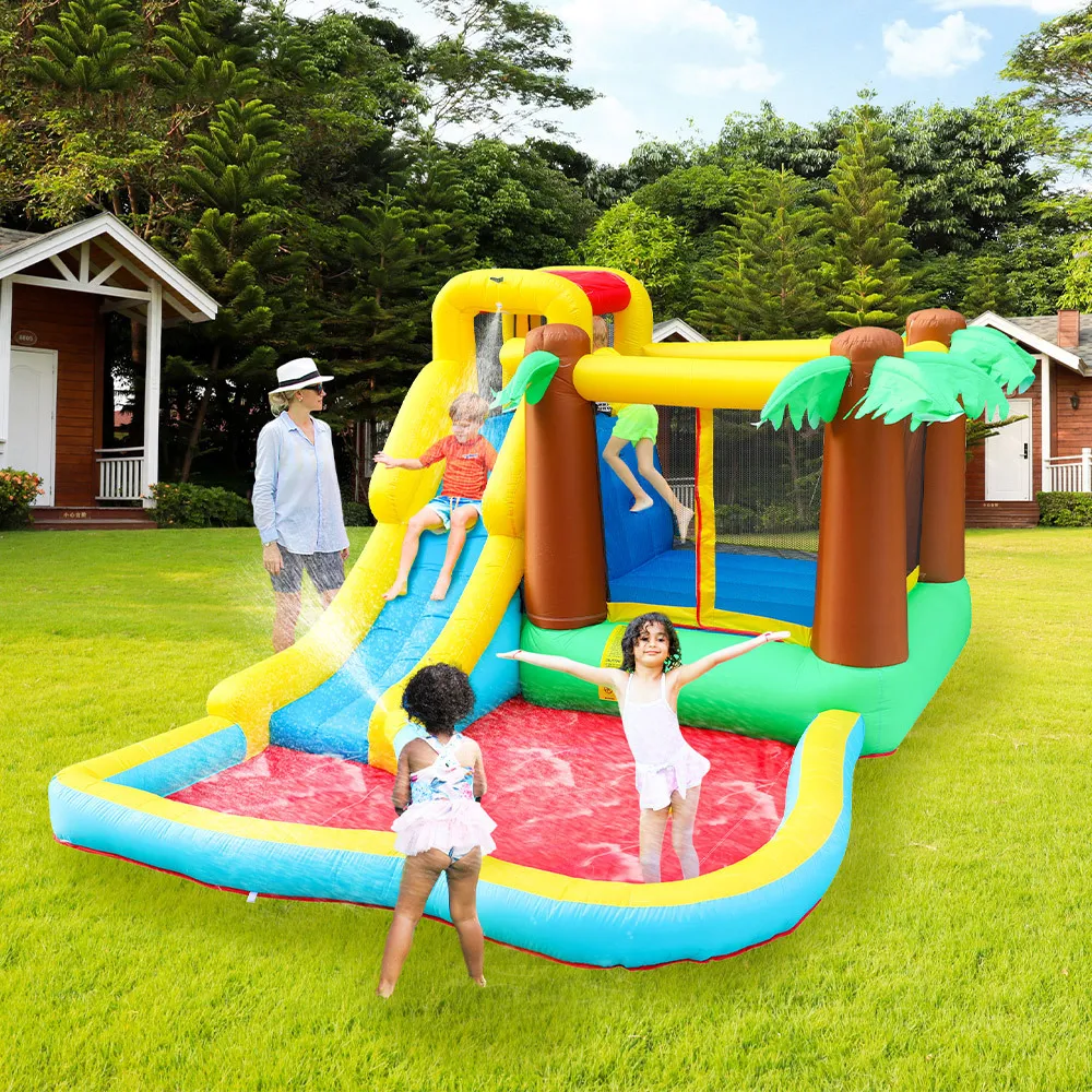 Maison de jeu gonflable pour enfants Jungle Bounce House Jumper Bouncy Jump Château gonflable Toboggan aquatique avec piscine Petit parc extérieur Jeu de fête à thème de cocotier hawaïen