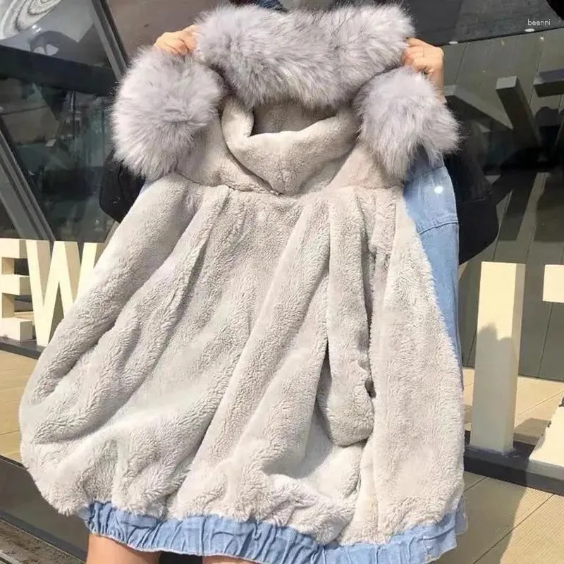 Women's Down Plus Velvet Thickening Denim Jacket Winter Warm Hooded Fur Collar Single-breasted Jackets Casual Lambswool Streetwear Parka