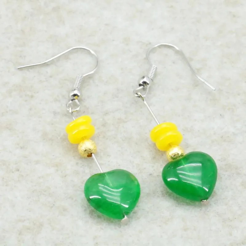 Dangle Earrings 12mm Green Jades Heart Shape Chalcedony Drop With Abacus Yellow Resin Beads DIY Jewelry Making Women Girls Gift